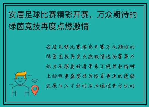 安居足球比赛精彩开赛，万众期待的绿茵竞技再度点燃激情