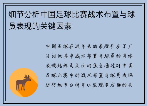 细节分析中国足球比赛战术布置与球员表现的关键因素