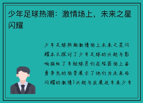 少年足球热潮：激情场上，未来之星闪耀