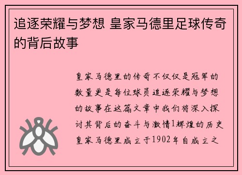 追逐荣耀与梦想 皇家马德里足球传奇的背后故事