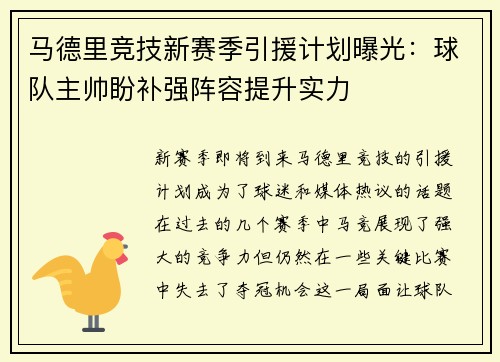 马德里竞技新赛季引援计划曝光：球队主帅盼补强阵容提升实力