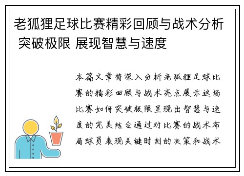 老狐狸足球比赛精彩回顾与战术分析 突破极限 展现智慧与速度