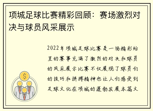 项城足球比赛精彩回顾：赛场激烈对决与球员风采展示