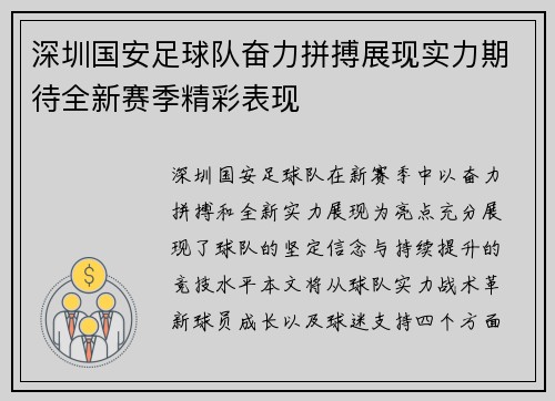 深圳国安足球队奋力拼搏展现实力期待全新赛季精彩表现