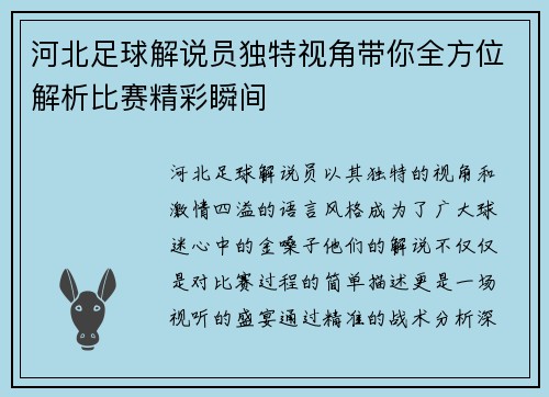 河北足球解说员独特视角带你全方位解析比赛精彩瞬间