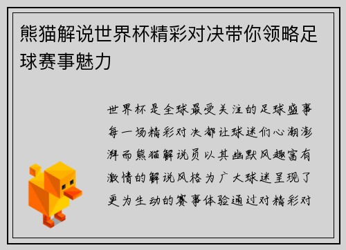 熊猫解说世界杯精彩对决带你领略足球赛事魅力