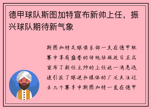 德甲球队斯图加特宣布新帅上任，振兴球队期待新气象