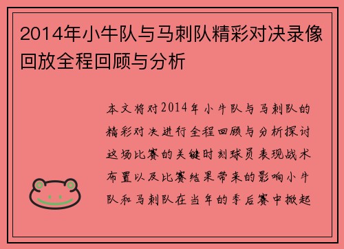 2014年小牛队与马刺队精彩对决录像回放全程回顾与分析