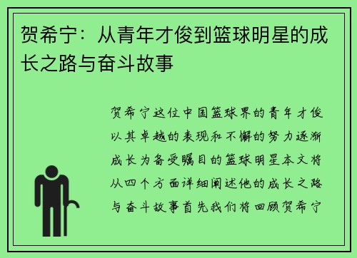 贺希宁：从青年才俊到篮球明星的成长之路与奋斗故事