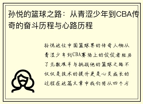 孙悦的篮球之路：从青涩少年到CBA传奇的奋斗历程与心路历程