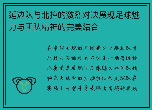 延边队与北控的激烈对决展现足球魅力与团队精神的完美结合