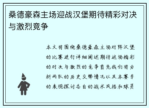 桑德豪森主场迎战汉堡期待精彩对决与激烈竞争